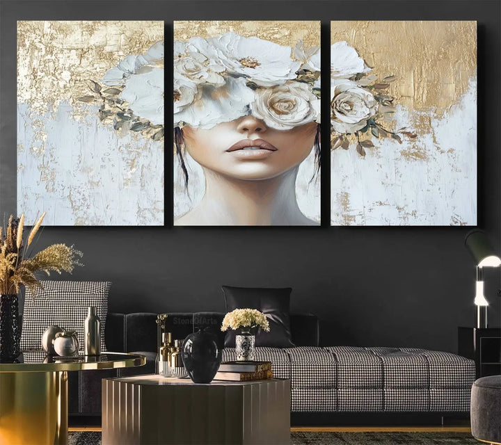 Golden Petal Wall Art - Canvas Print Flower Head Woman Painting Floral Woman Portrait Wall Decor, Abstract Portrait Painting