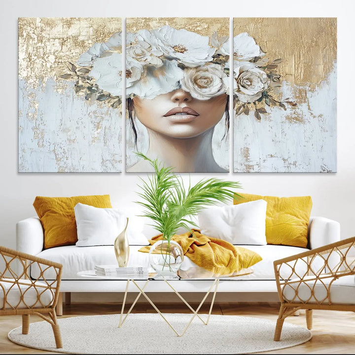 Golden Petal Wall Art - Canvas Print Flower Head Woman Painting Floral Woman Portrait Wall Decor, Abstract Portrait Painting