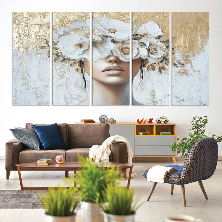 Golden Petal Wall Art - Canvas Print Flower Head Woman Painting Floral Woman Portrait Wall Decor, Abstract Portrait Painting