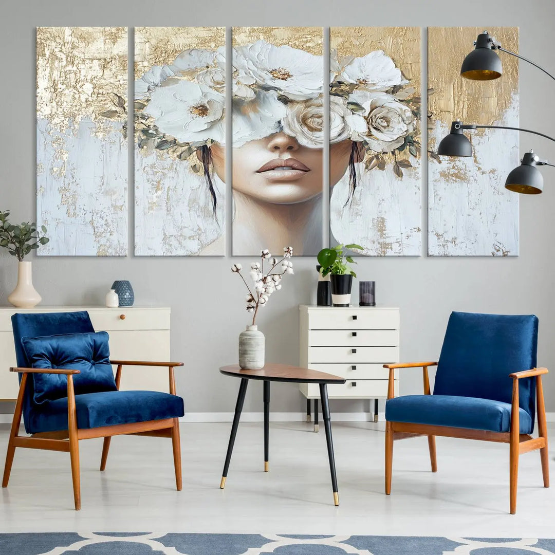 Golden Petal Wall Art - Canvas Print Flower Head Woman Painting Floral Woman Portrait Wall Decor, Abstract Portrait Painting