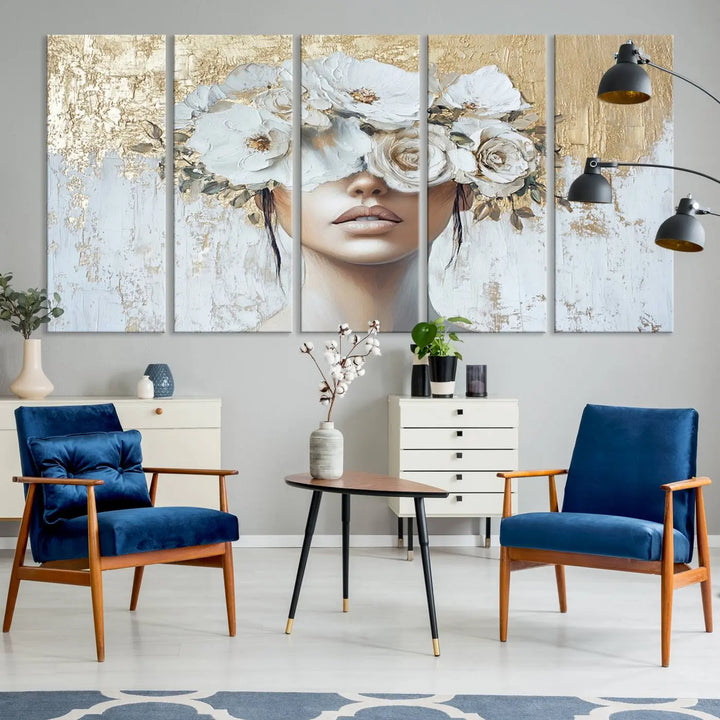 Golden Petal Wall Art - Canvas Print Flower Head Woman Painting Floral Woman Portrait Wall Decor, Abstract Portrait Painting