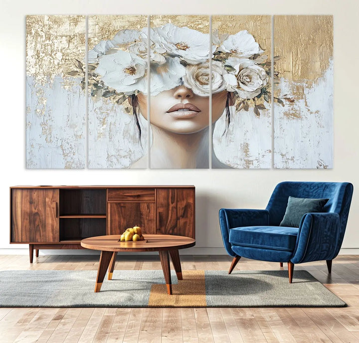 Golden Petal Wall Art - Canvas Print Flower Head Woman Painting Floral Woman Portrait Wall Decor, Abstract Portrait Painting