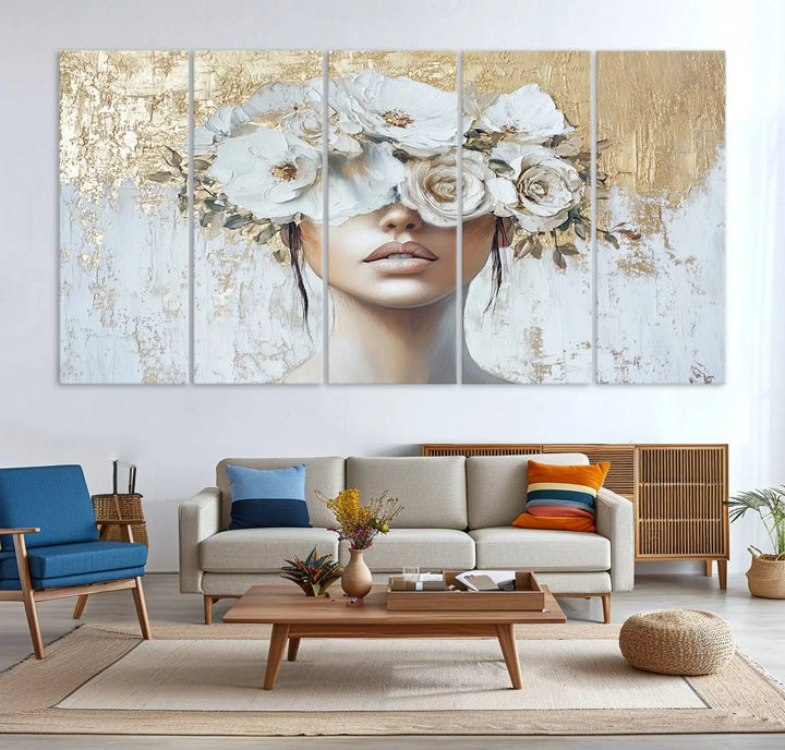 Golden Petal Wall Art - Canvas Print Flower Head Woman Painting Floral Woman Portrait Wall Decor, Abstract Portrait Painting