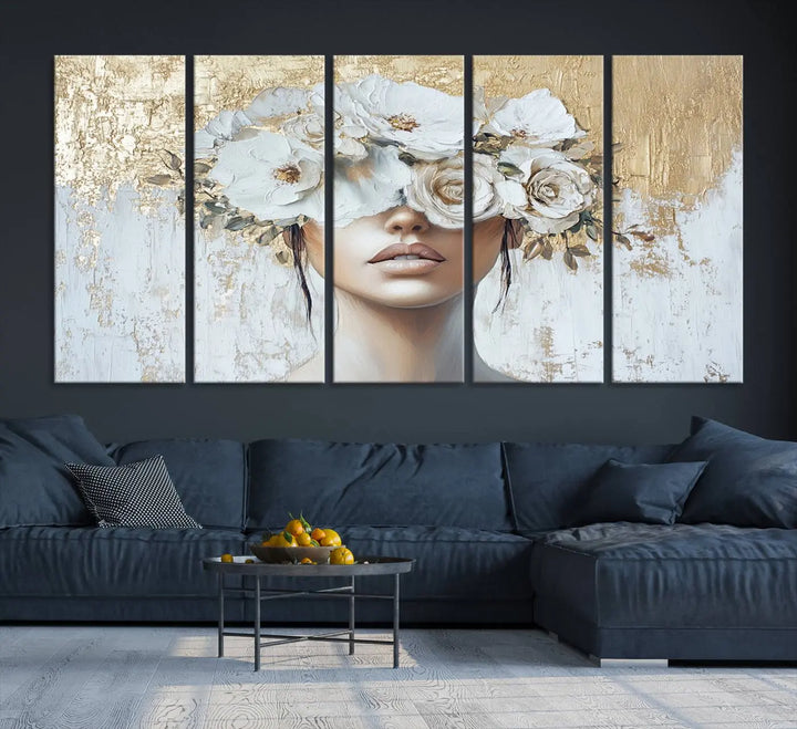 Golden Petal Wall Art - Canvas Print Flower Head Woman Painting Floral Woman Portrait Wall Decor, Abstract Portrait Painting
