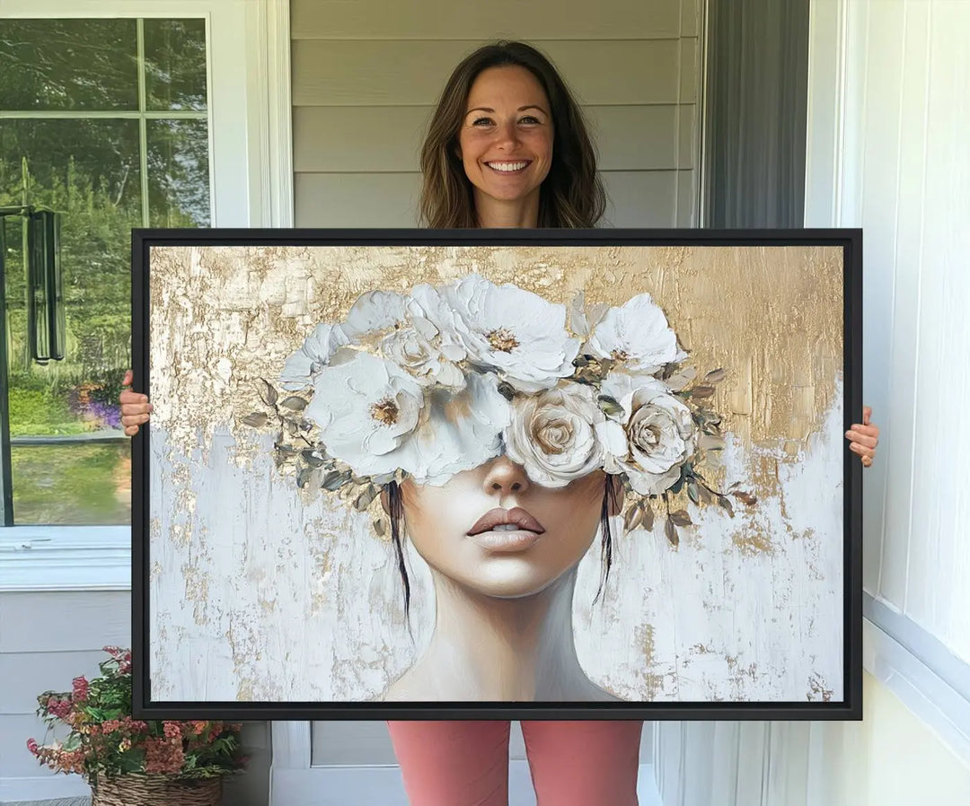 Golden Petal Wall Art - Canvas Print Flower Head Woman Painting Floral Woman Portrait Wall Decor, Abstract Portrait Painting