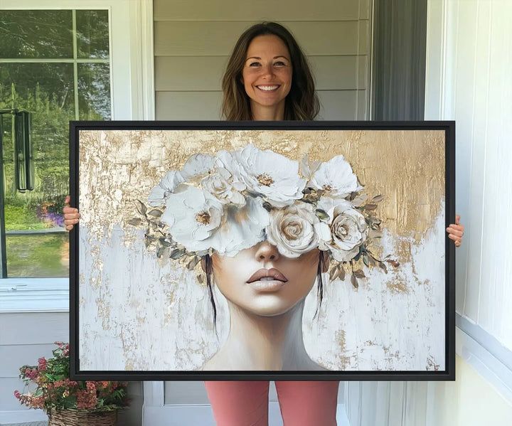 Golden Petal Wall Art - Canvas Print Flower Head Woman Painting Floral Woman Portrait Wall Decor, Abstract Portrait Painting