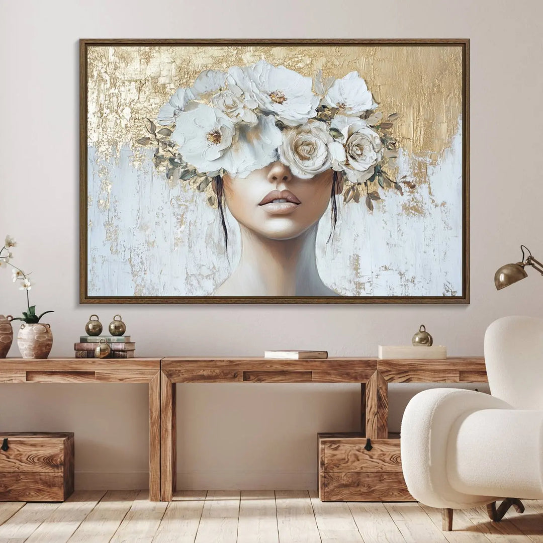 Golden Petal Wall Art: A floral portrait featuring a womans image with flowers covering her eyes, set against a gold and white backdrop.