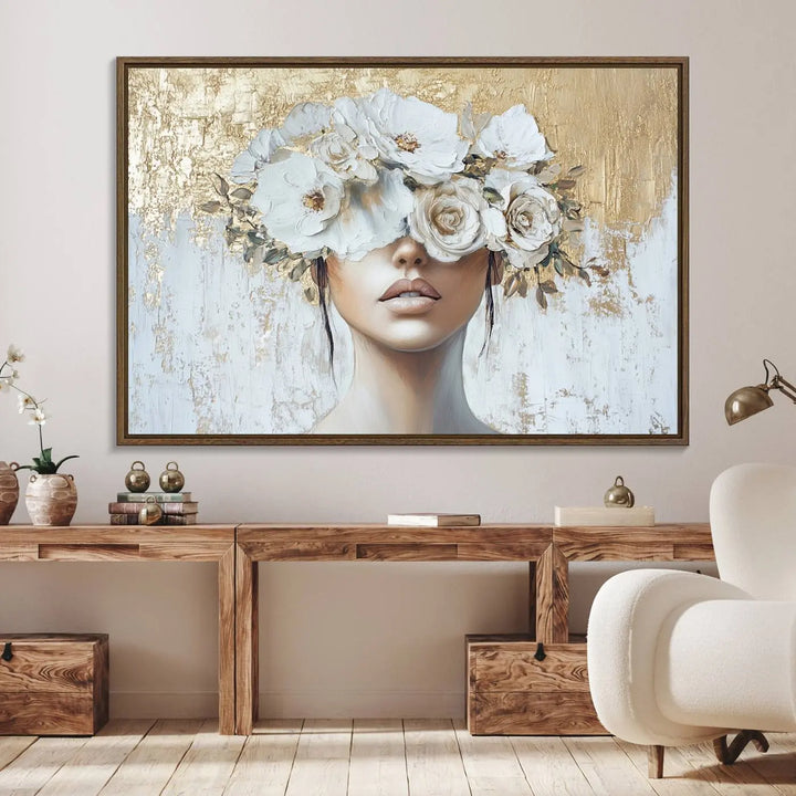 Golden Petal Wall Art: A floral portrait featuring a womans image with flowers covering her eyes, set against a gold and white backdrop.