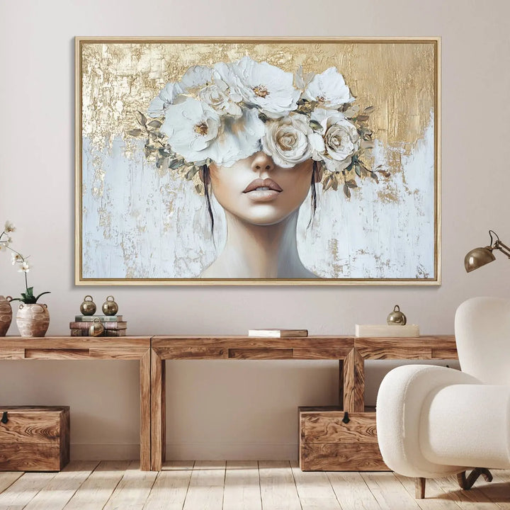 Golden Petal Wall Art: A floral portrait featuring a womans image with flowers covering her eyes, set against a gold and white backdrop.