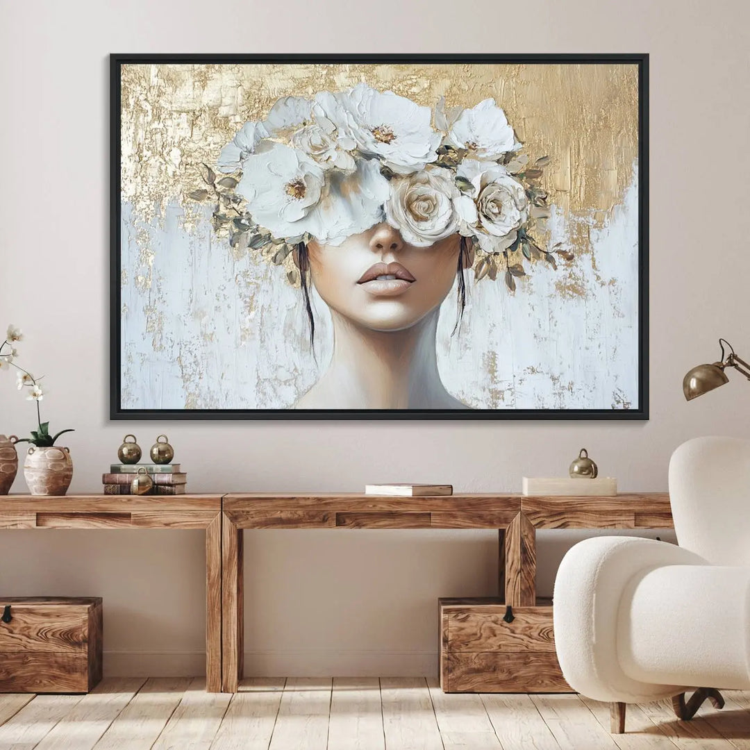 Golden Petal Wall Art: A floral portrait featuring a womans image with flowers covering her eyes, set against a gold and white backdrop.