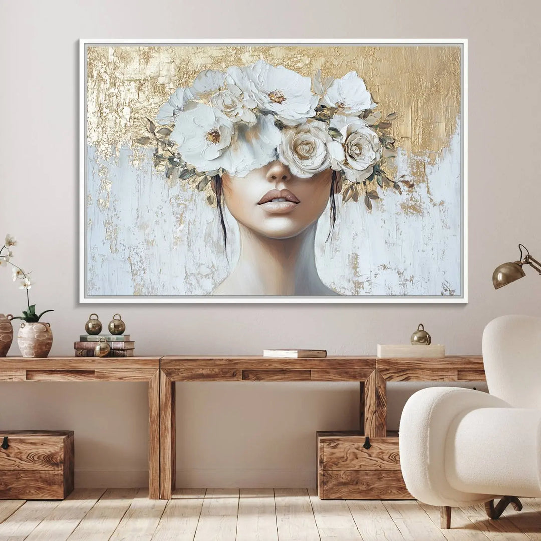 Golden Petal Wall Art: A floral portrait featuring a womans image with flowers covering her eyes, set against a gold and white backdrop.