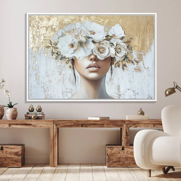 Golden Petal Wall Art: A floral portrait featuring a womans image with flowers covering her eyes, set against a gold and white backdrop.