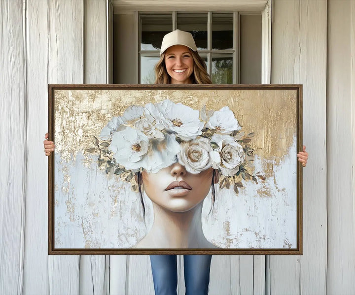 Golden Petal Wall Art: A floral portrait featuring a womans image with flowers covering her eyes, set against a gold and white backdrop.