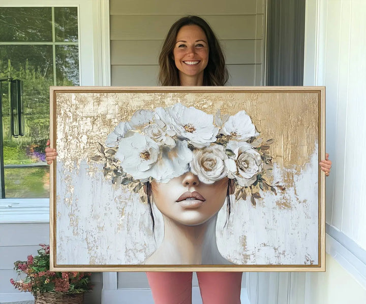 Golden Petal Wall Art: A floral portrait featuring a womans image with flowers covering her eyes, set against a gold and white backdrop.