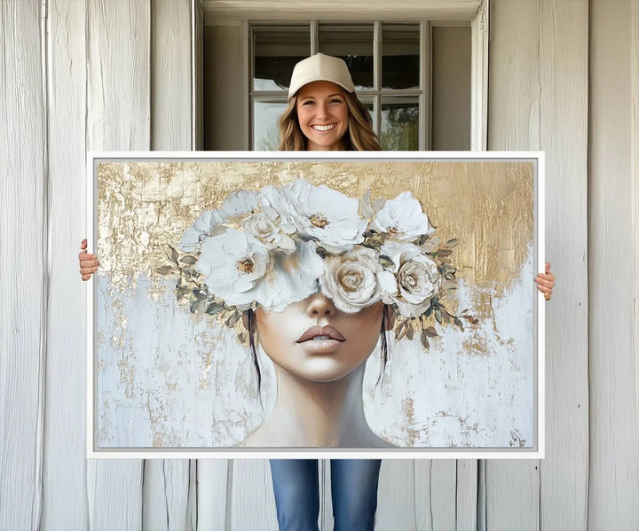 Golden Petal Wall Art: A floral portrait featuring a womans image with flowers covering her eyes, set against a gold and white backdrop.