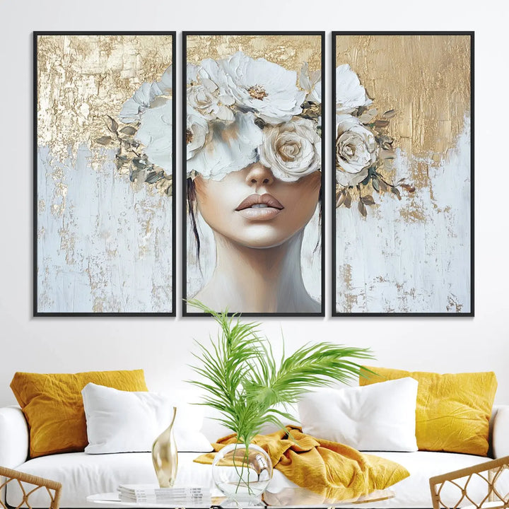 Golden Petal Wall Art: A floral portrait featuring a womans image with flowers covering her eyes, set against a gold and white backdrop.