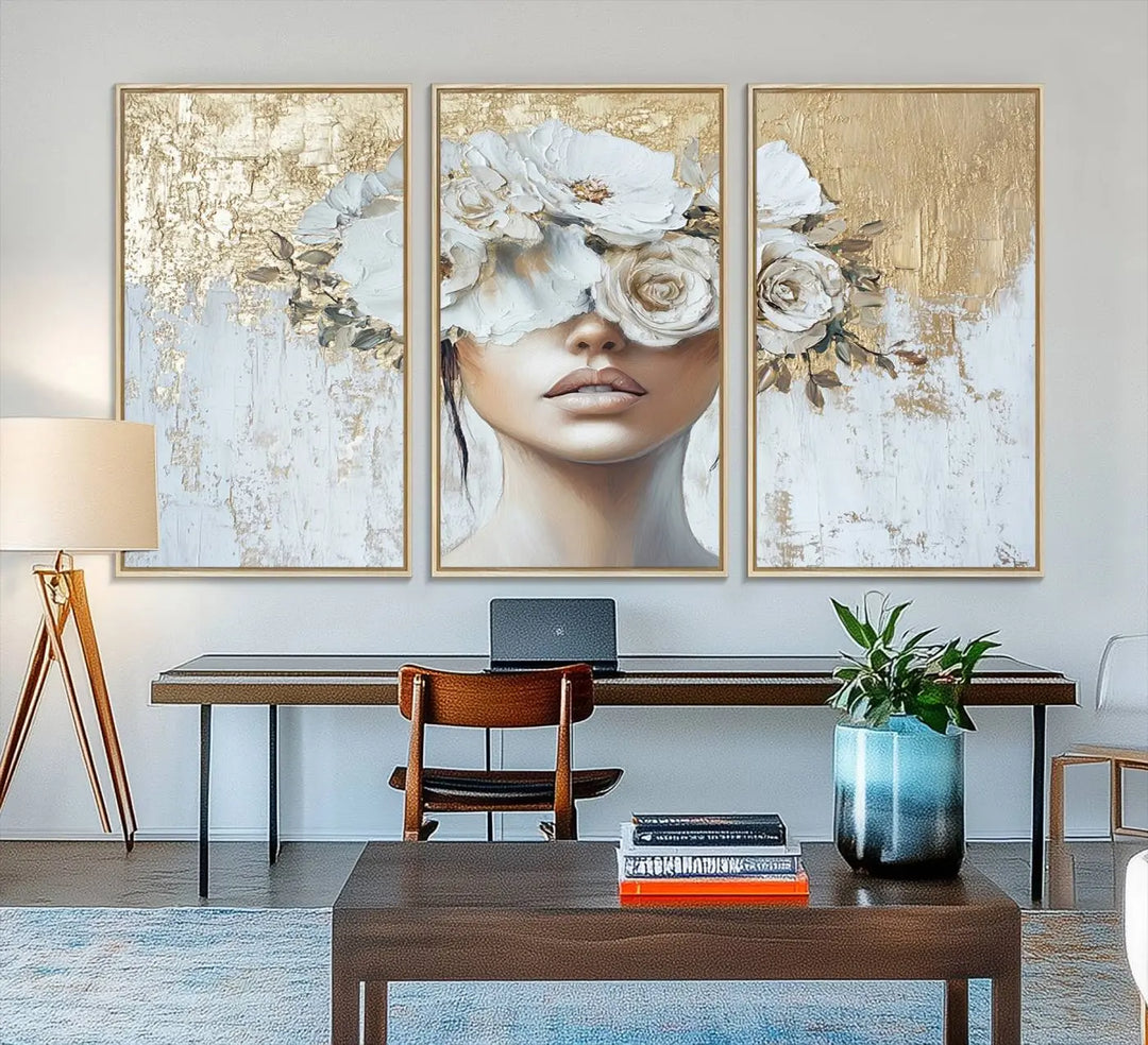 Golden Petal Wall Art: A floral portrait featuring a womans image with flowers covering her eyes, set against a gold and white backdrop.
