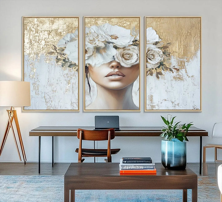 Golden Petal Wall Art: A floral portrait featuring a womans image with flowers covering her eyes, set against a gold and white backdrop.