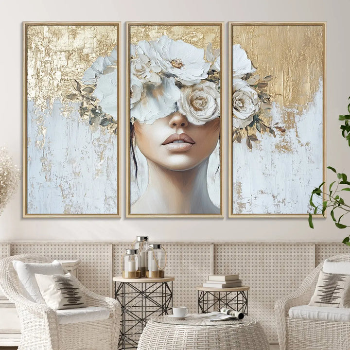 Golden Petal Wall Art: A floral portrait featuring a womans image with flowers covering her eyes, set against a gold and white backdrop.