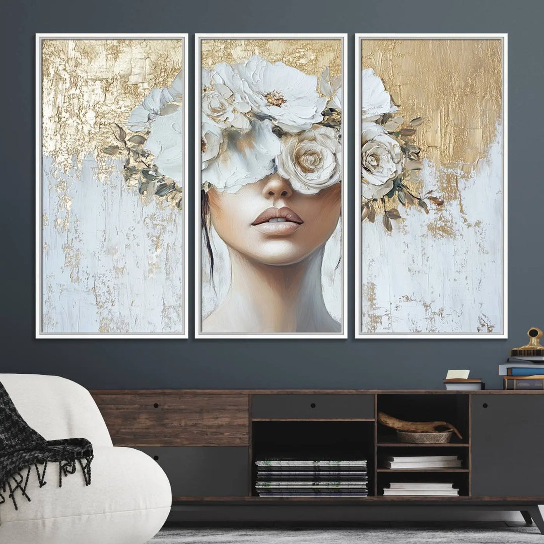 Golden Petal Wall Art: A floral portrait featuring a womans image with flowers covering her eyes, set against a gold and white backdrop.