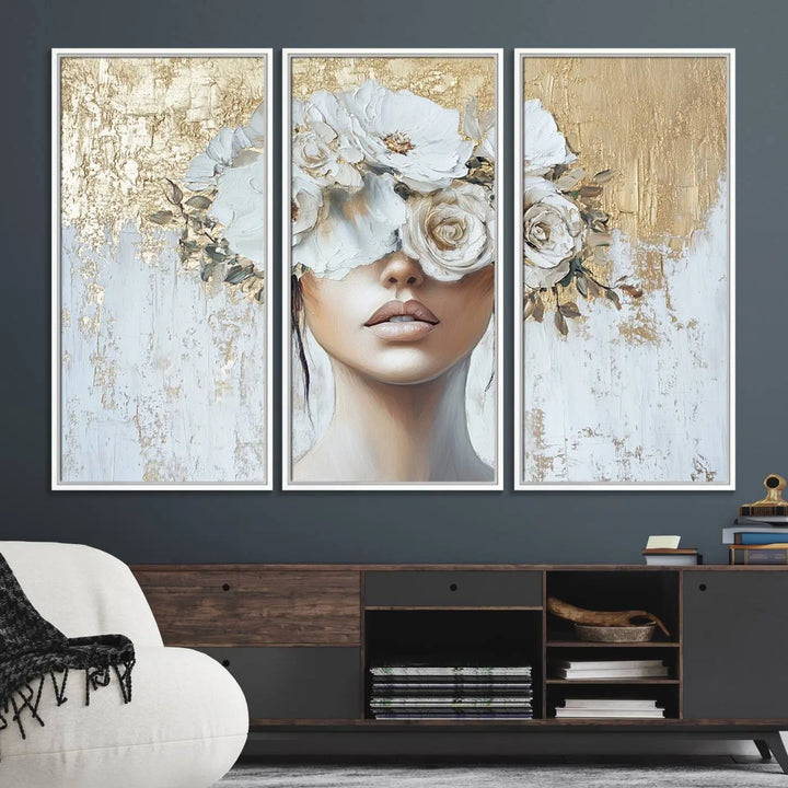 Golden Petal Wall Art: A floral portrait featuring a womans image with flowers covering her eyes, set against a gold and white backdrop.