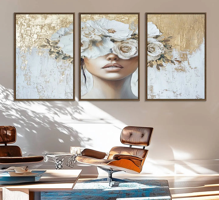 Golden Petal Wall Art: A floral portrait featuring a womans image with flowers covering her eyes, set against a gold and white backdrop.