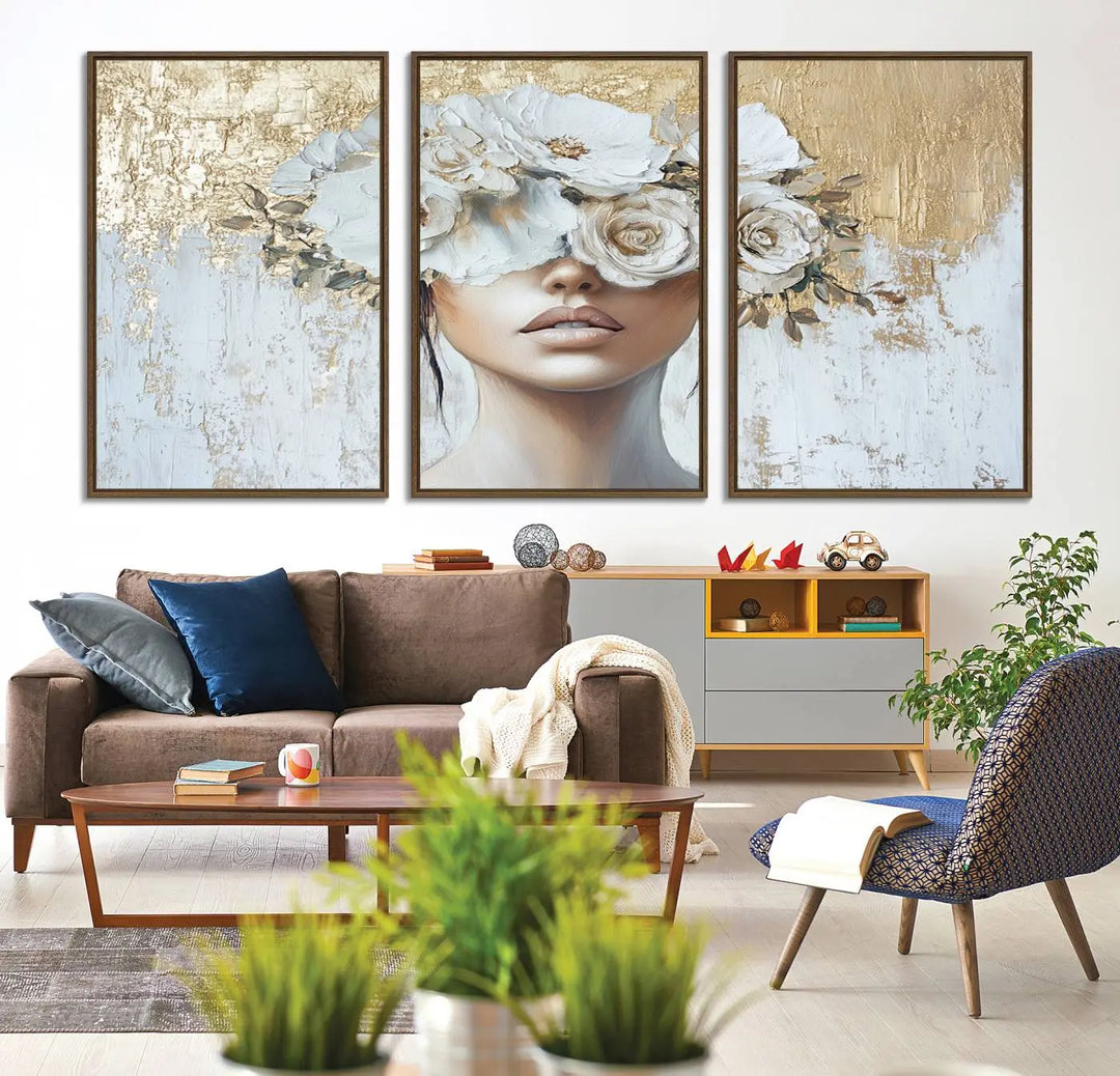 Golden Petal Wall Art: A floral portrait featuring a womans image with flowers covering her eyes, set against a gold and white backdrop.