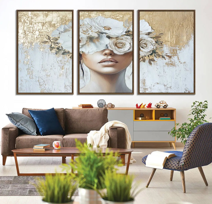 Golden Petal Wall Art: A floral portrait featuring a womans image with flowers covering her eyes, set against a gold and white backdrop.