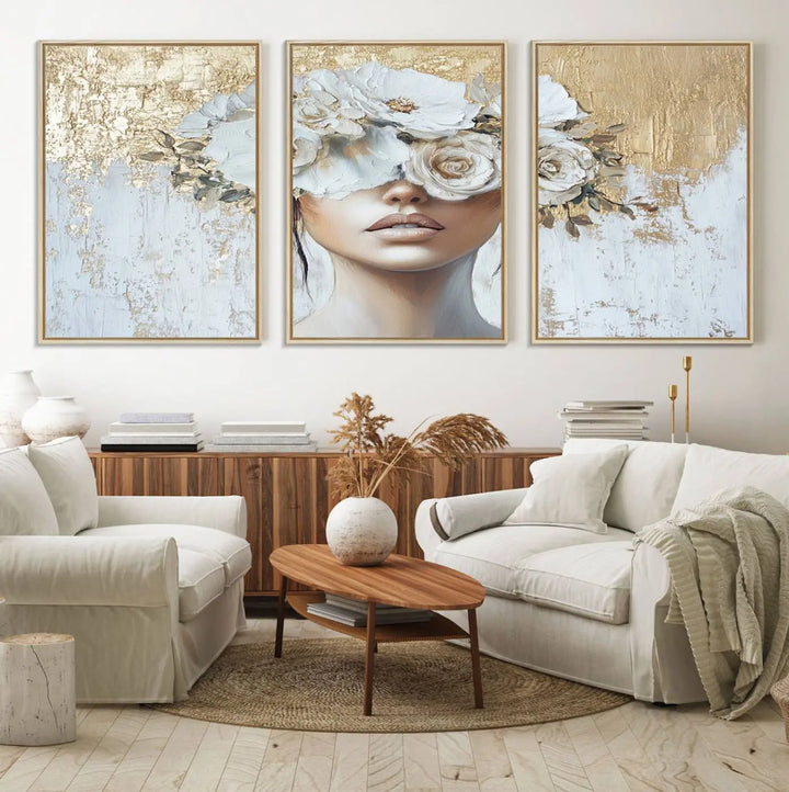 Golden Petal Wall Art: A floral portrait featuring a womans image with flowers covering her eyes, set against a gold and white backdrop.
