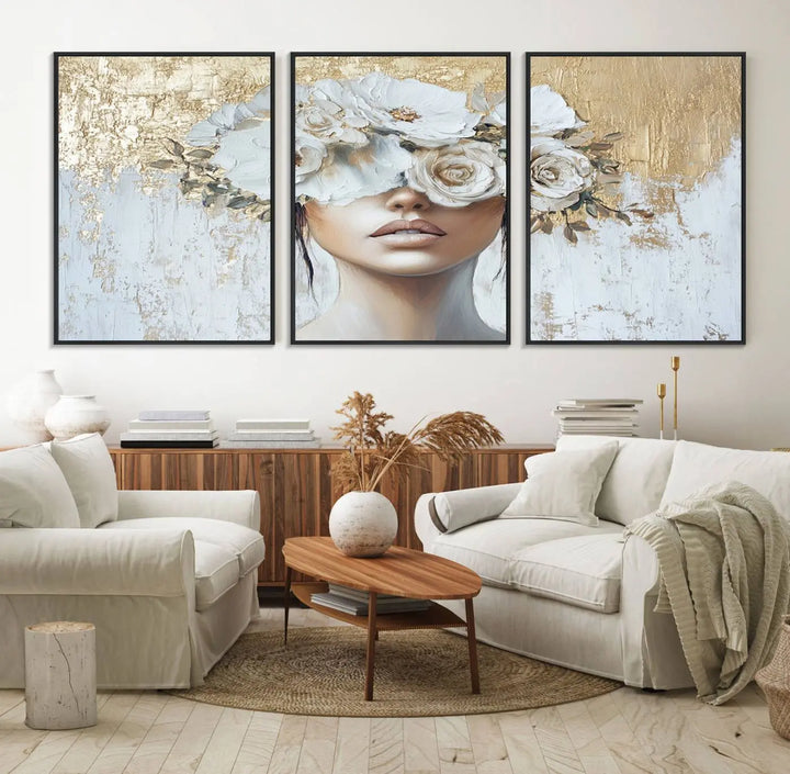 Golden Petal Wall Art: A floral portrait featuring a womans image with flowers covering her eyes, set against a gold and white backdrop.