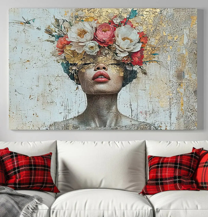 A triptych of the Golden Petal Silhouette Woman Wall Art Canvas Print showcases an abstract portrait featuring a woman adorned with flowers on her head.