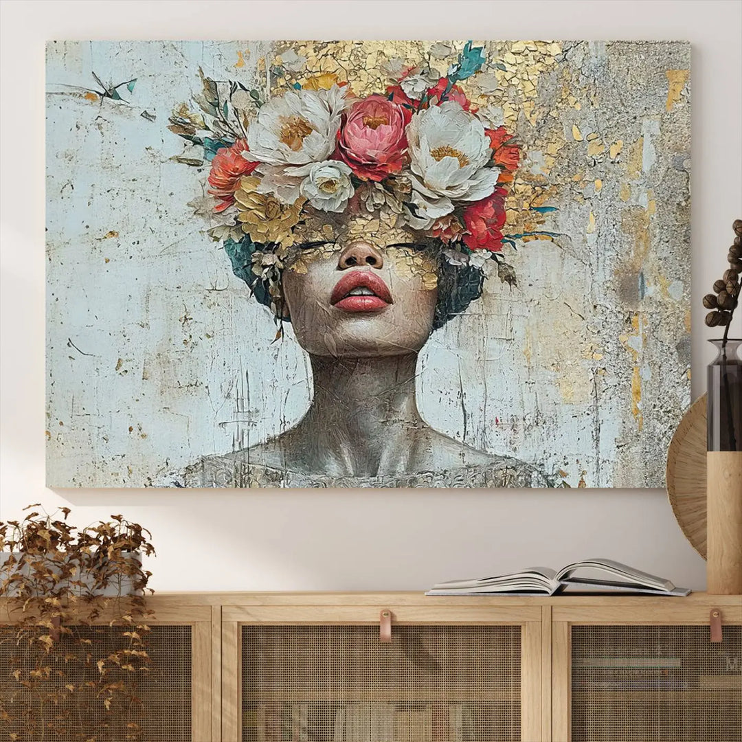 A triptych of the Golden Petal Silhouette Woman Wall Art Canvas Print showcases an abstract portrait featuring a woman adorned with flowers on her head.