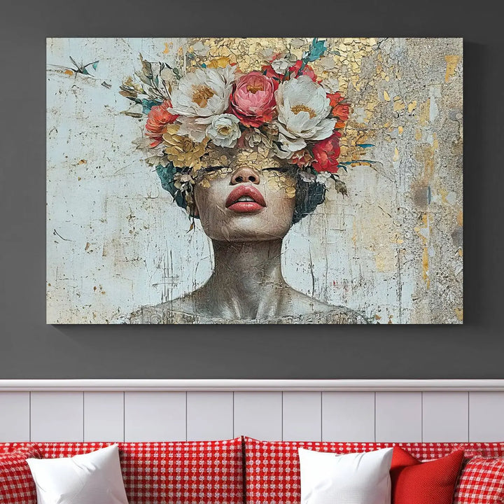 A triptych of the Golden Petal Silhouette Woman Wall Art Canvas Print showcases an abstract portrait featuring a woman adorned with flowers on her head.