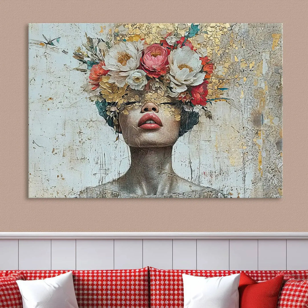 A triptych of the Golden Petal Silhouette Woman Wall Art Canvas Print showcases an abstract portrait featuring a woman adorned with flowers on her head.