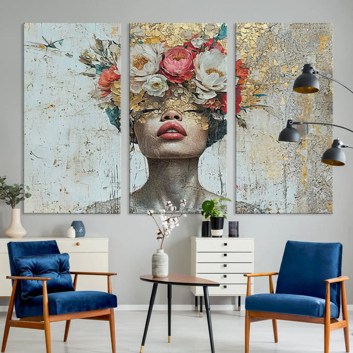 A triptych of the Golden Petal Silhouette Woman Wall Art Canvas Print showcases an abstract portrait featuring a woman adorned with flowers on her head.