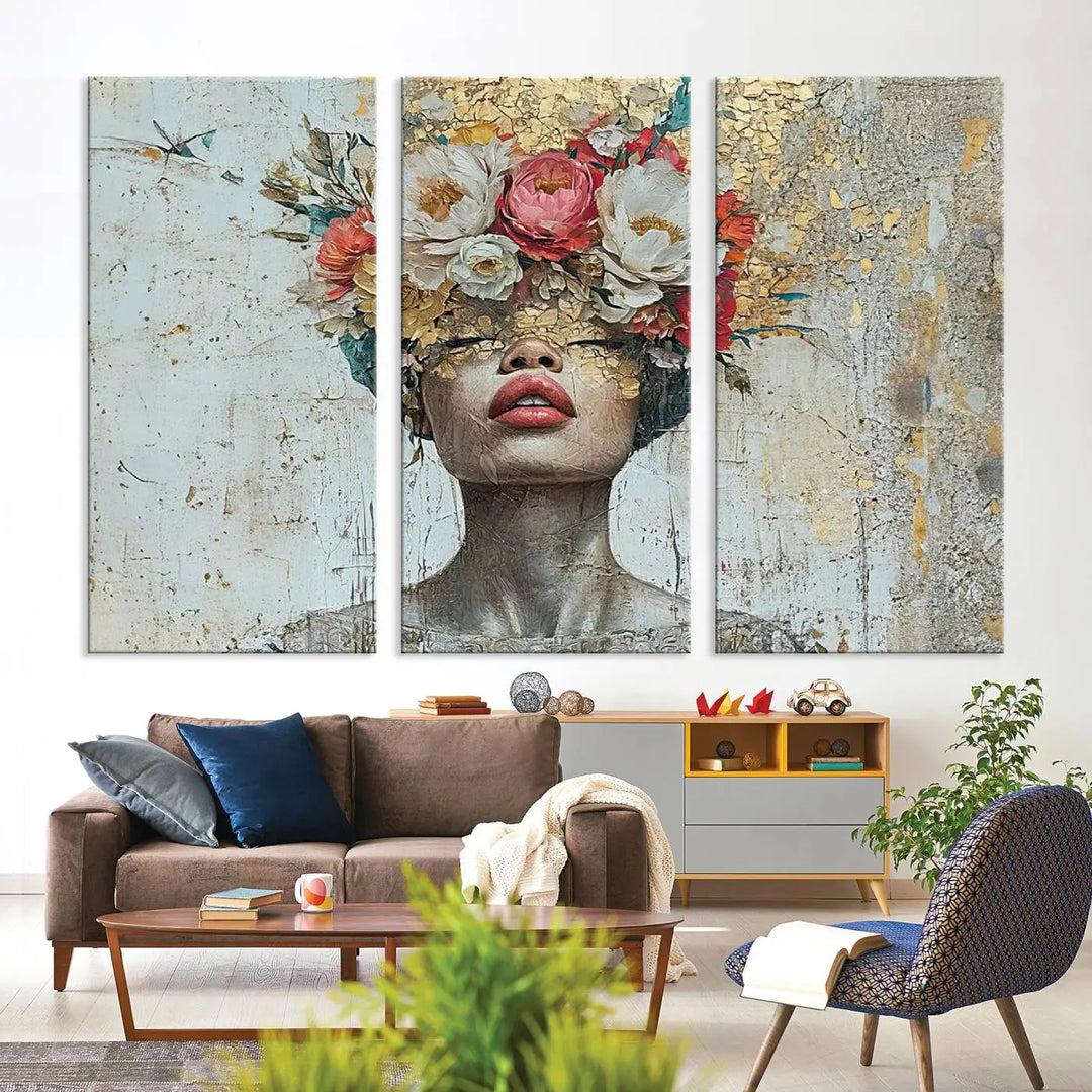 A triptych of the Golden Petal Silhouette Woman Wall Art Canvas Print showcases an abstract portrait featuring a woman adorned with flowers on her head.