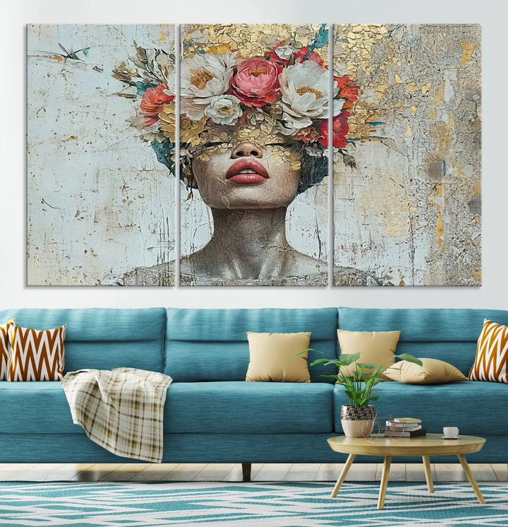 A triptych of the Golden Petal Silhouette Woman Wall Art Canvas Print showcases an abstract portrait featuring a woman adorned with flowers on her head.