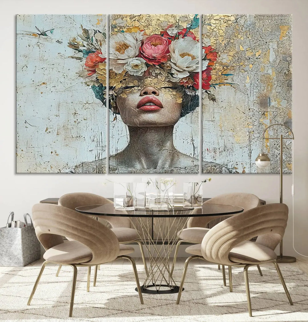 A triptych of the Golden Petal Silhouette Woman Wall Art Canvas Print showcases an abstract portrait featuring a woman adorned with flowers on her head.