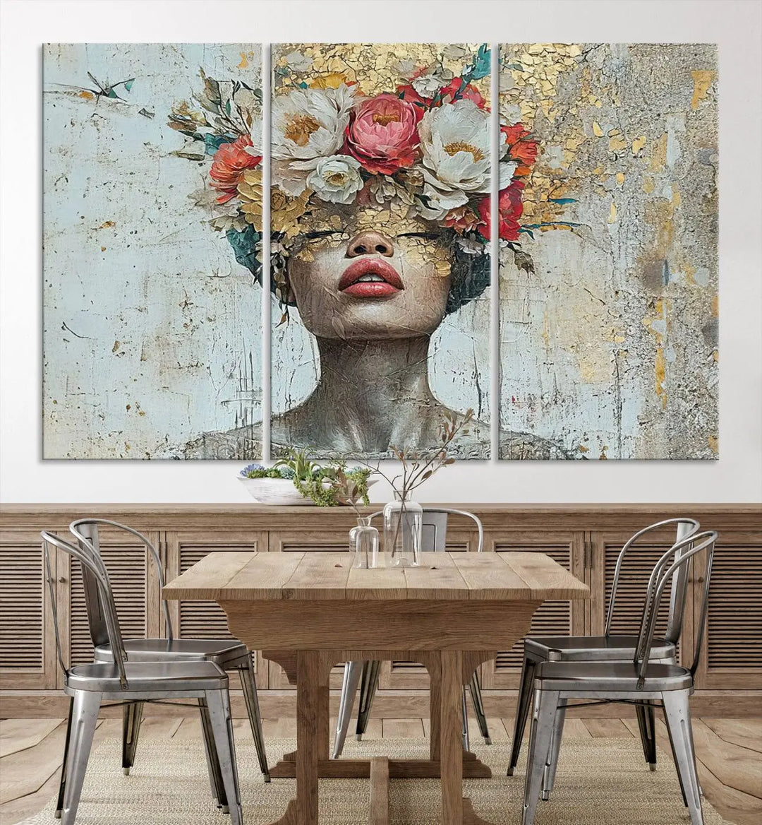 A triptych of the Golden Petal Silhouette Woman Wall Art Canvas Print showcases an abstract portrait featuring a woman adorned with flowers on her head.