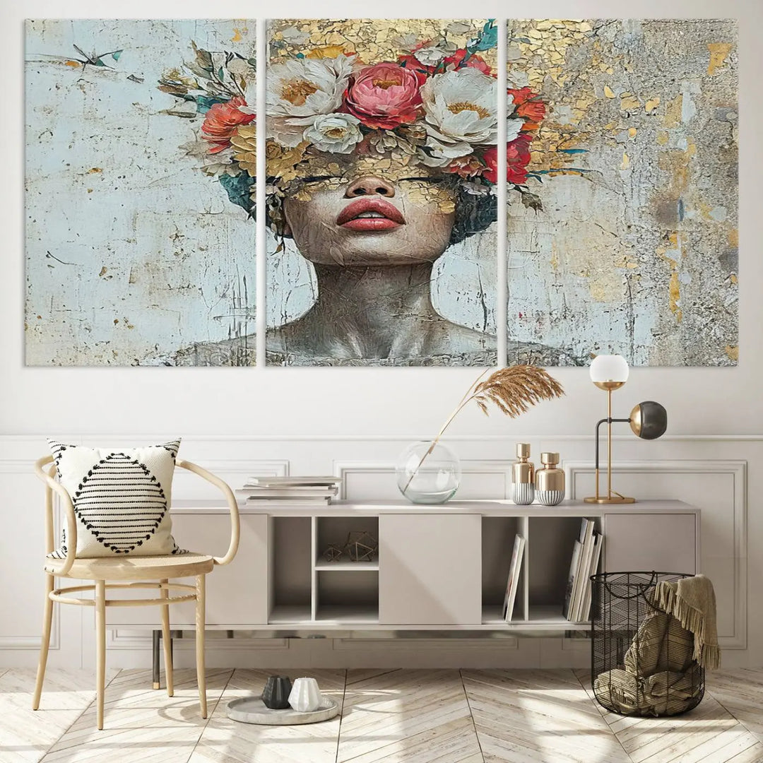 A triptych of the Golden Petal Silhouette Woman Wall Art Canvas Print showcases an abstract portrait featuring a woman adorned with flowers on her head.