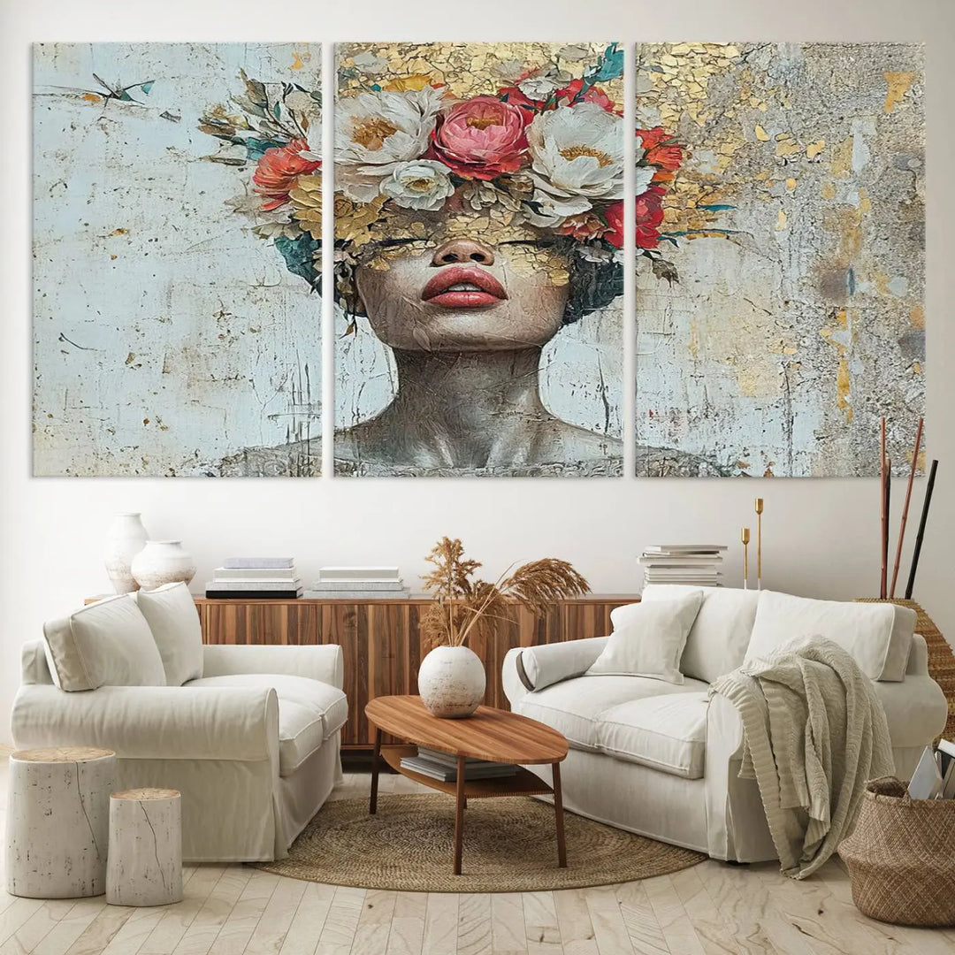 A triptych of the Golden Petal Silhouette Woman Wall Art Canvas Print showcases an abstract portrait featuring a woman adorned with flowers on her head.