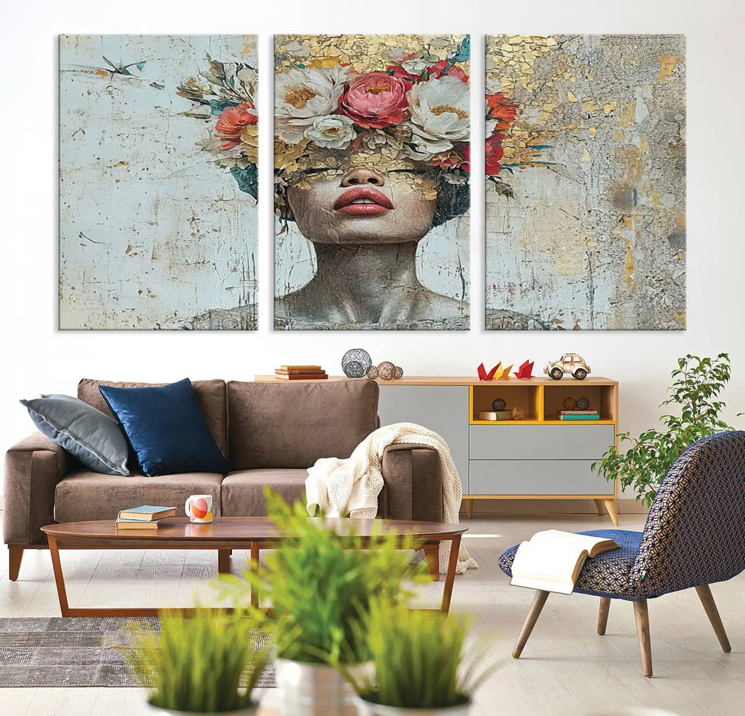 A triptych of the Golden Petal Silhouette Woman Wall Art Canvas Print showcases an abstract portrait featuring a woman adorned with flowers on her head.