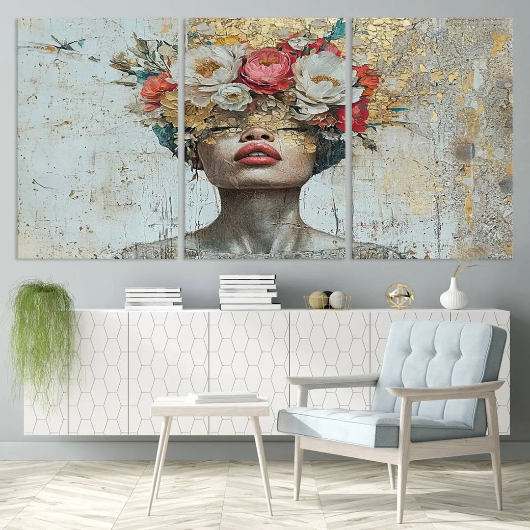 A triptych of the Golden Petal Silhouette Woman Wall Art Canvas Print showcases an abstract portrait featuring a woman adorned with flowers on her head.