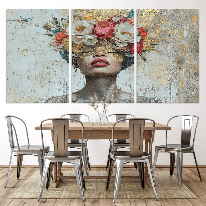 A triptych of the Golden Petal Silhouette Woman Wall Art Canvas Print showcases an abstract portrait featuring a woman adorned with flowers on her head.