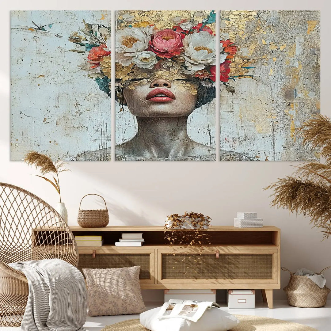 A triptych of the Golden Petal Silhouette Woman Wall Art Canvas Print showcases an abstract portrait featuring a woman adorned with flowers on her head.