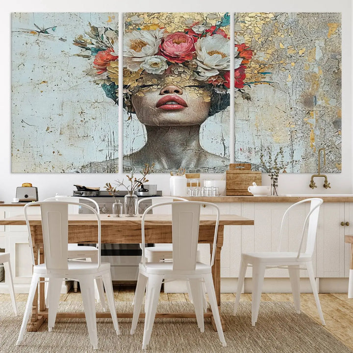 A triptych of the Golden Petal Silhouette Woman Wall Art Canvas Print showcases an abstract portrait featuring a woman adorned with flowers on her head.