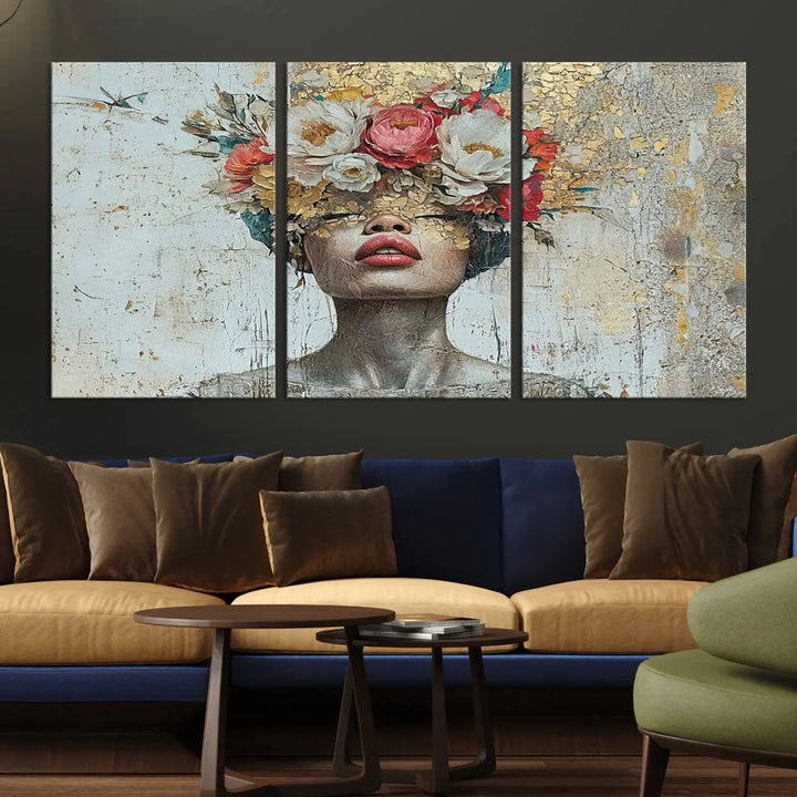 A triptych of the Golden Petal Silhouette Woman Wall Art Canvas Print showcases an abstract portrait featuring a woman adorned with flowers on her head.