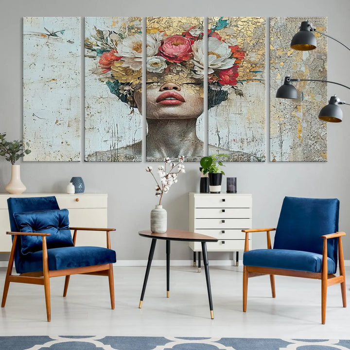 A triptych of the Golden Petal Silhouette Woman Wall Art Canvas Print showcases an abstract portrait featuring a woman adorned with flowers on her head.