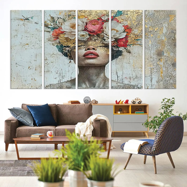 A triptych of the Golden Petal Silhouette Woman Wall Art Canvas Print showcases an abstract portrait featuring a woman adorned with flowers on her head.