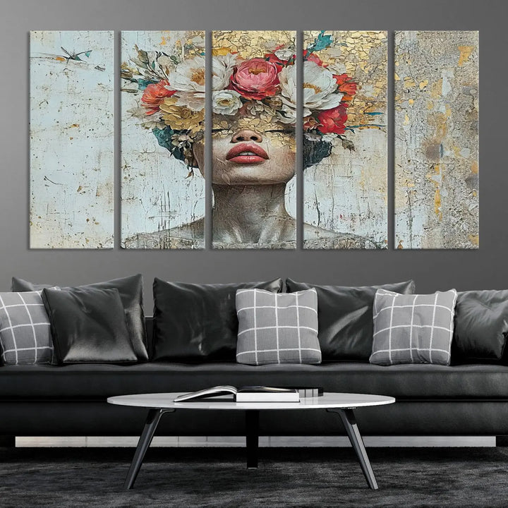 A triptych of the Golden Petal Silhouette Woman Wall Art Canvas Print showcases an abstract portrait featuring a woman adorned with flowers on her head.